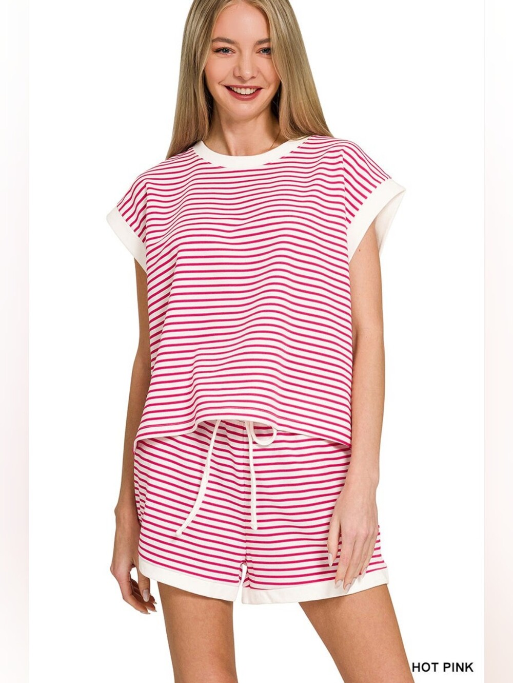 Zenana Outfitters 2pc Matching Set Pink White Striped Knit Top Shorts Lounge L